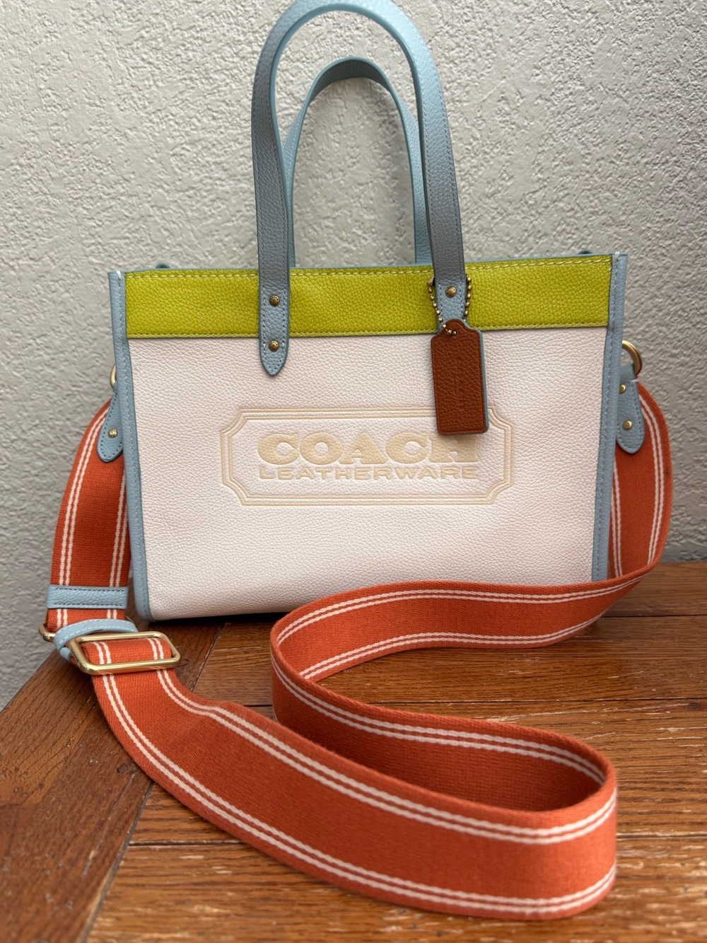 Coach C0777 Field Tote 30 Pebbled Leather Badge Colorblock Handbag
